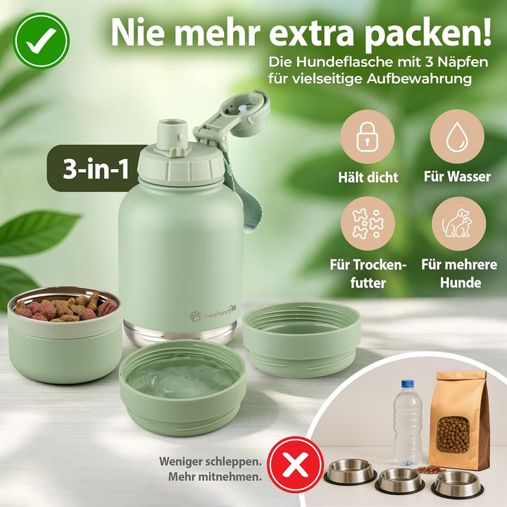 Pets Hundetrinkflasche für unterwegs 1l mit Näpfen -Ideal für Reisen,Outdoor- Isolierte Edelstahl Fl