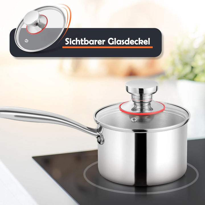 Herogo Stielkasserolle, 18/10 Edelstahl Milchtopf mit Deckel 1 L, 14 cm Saucenpfanne Kochtopf mit La