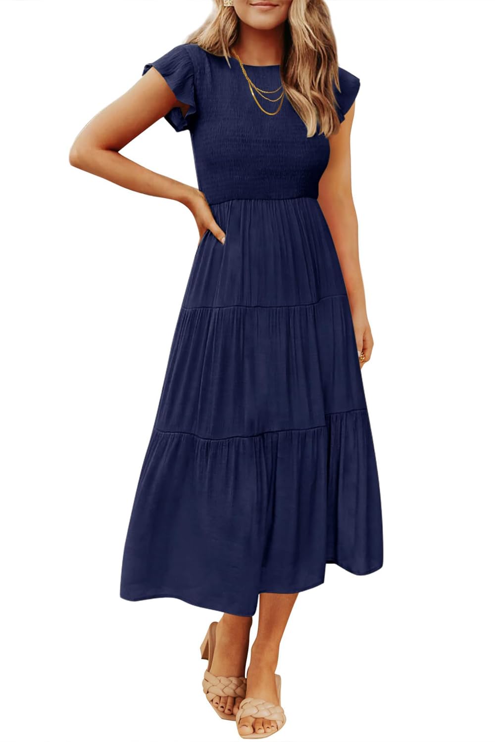 Damen Sommerkleid A Linie Kleider Kurzarm Kleid Midi Freizeitkleid S Dunkelblau, S Dunkelblau