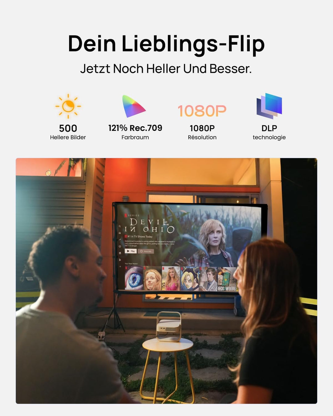 XGIMI Elfin Flip Plus Tragbarer Beamer, 500 ISO Lumen, 1080P, Google TV mit Lizenziertem Netflix, In