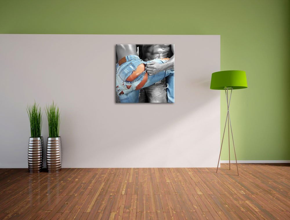 Pixxprint Frau in aufgerissener Jeans schwarz/weiss, Format: 70x70 auf Leinwand, 70x70