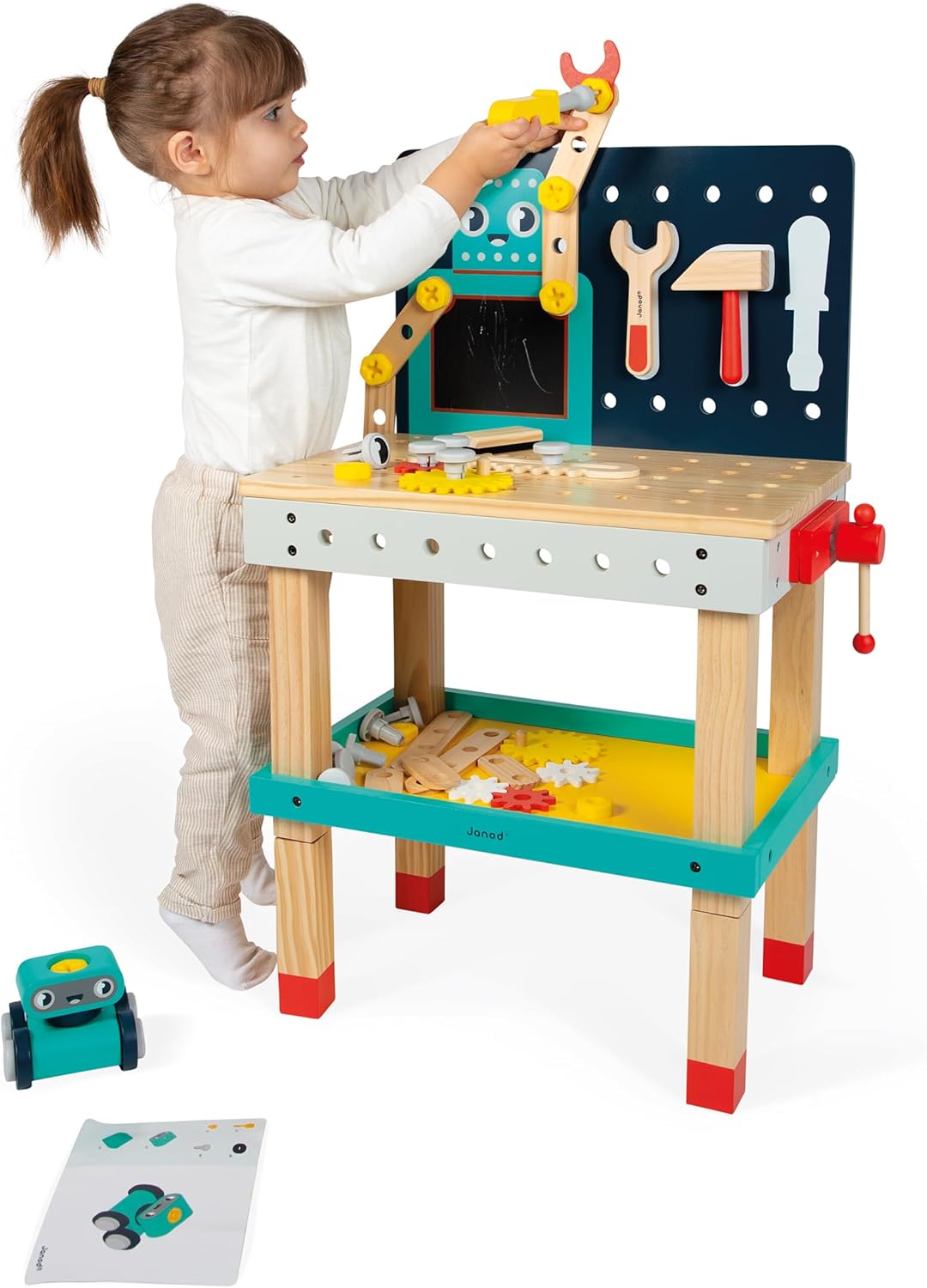 Janod - Brico'Kids Grosse Roboter-Werkbank - Bauspiel Kind - 51 Bauelemente + 3 Werkzeuge + 1 Robote