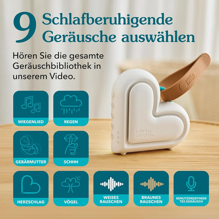 Love To Dream™ Tragbares Babyschlafgerät | Weisses Rauschen & Schlaflieder | 9 beruhigende Babygeräu