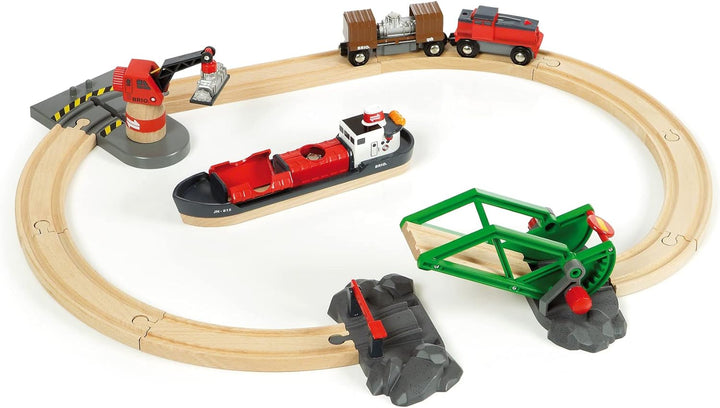 BRIO World 33061 Container Hafen Set - Mit Hafenbrücke und beweglichem Kran zum Beladen des Frachtsc