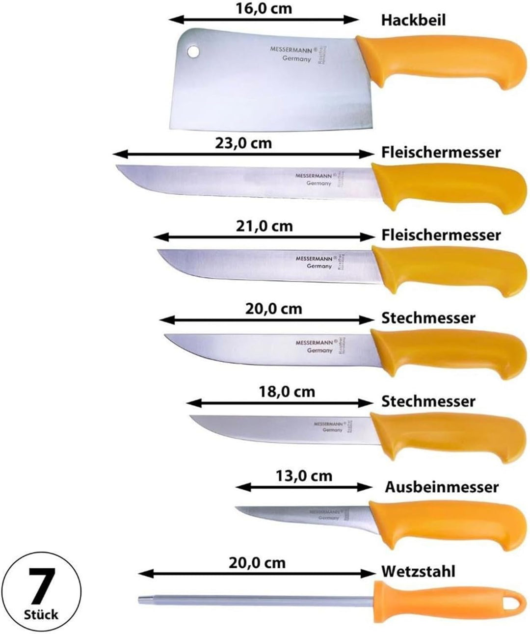 Messermann Germany Fleischmesser Set 7er Box Fleischermesser, Stechmesser, Ausbeinmesser Beil,