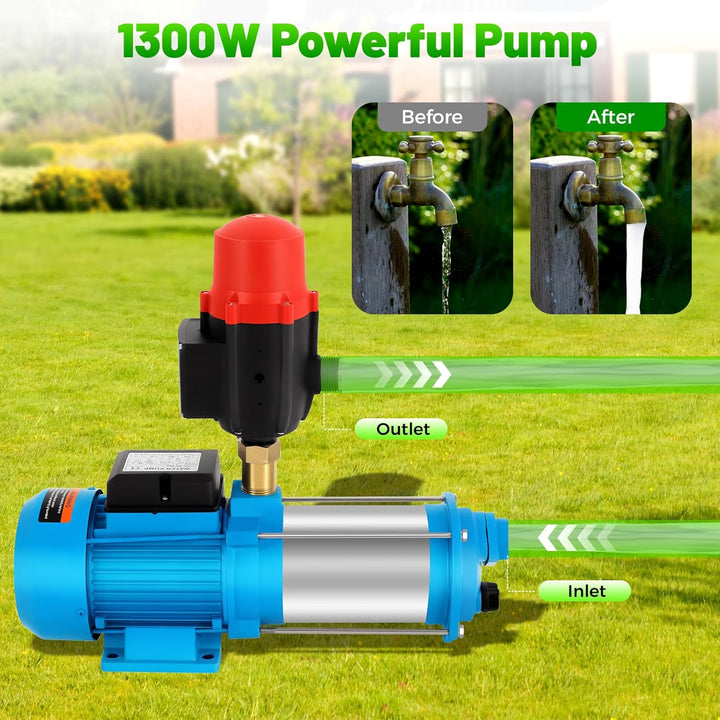 1300W Selbstansaugende Kreiselpumpe, 9,8 bar Edelstahl-Wasserpumpe mit Manometer & Auto-Abschaltung,