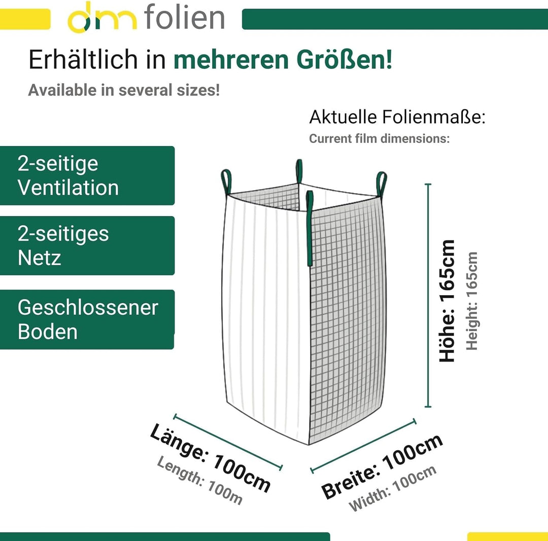 dm-Folien Holz Big Bag 100x100x165cm I 10 Stück I SWL 1.000 kg I Robuster Big Bag Holz mit 2 Ventila
