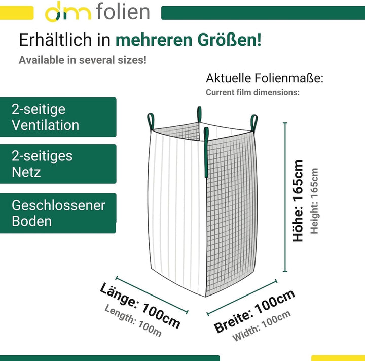 dm-Folien Holz Big Bag 100x100x165cm I 10 Stück I SWL 1.000 kg I Robuster Big Bag Holz mit 2 Ventila