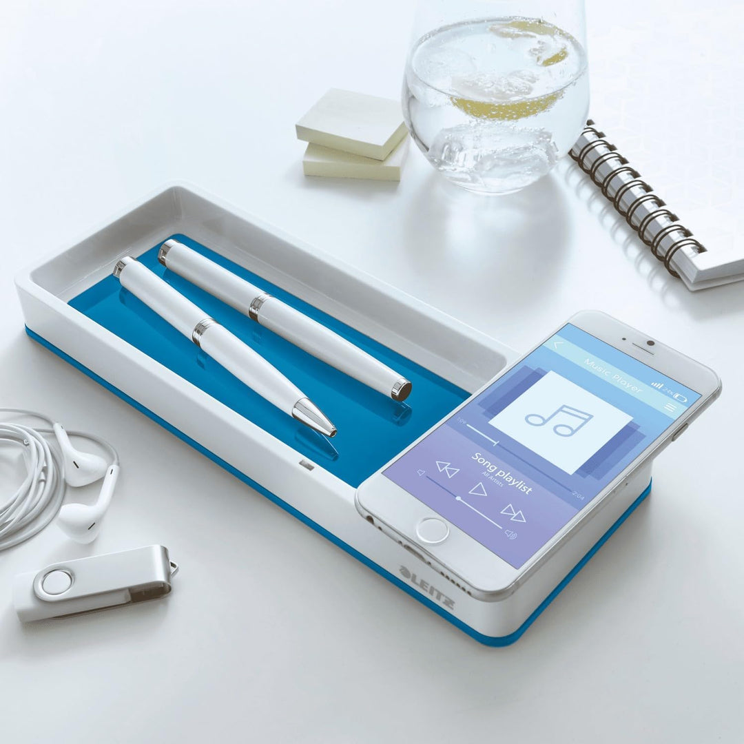 Leitz Stifteschale mit Qi-Induktionsladegerät, Zum kabellosen Laden von Smartphone, Weiss/Blau, Duo