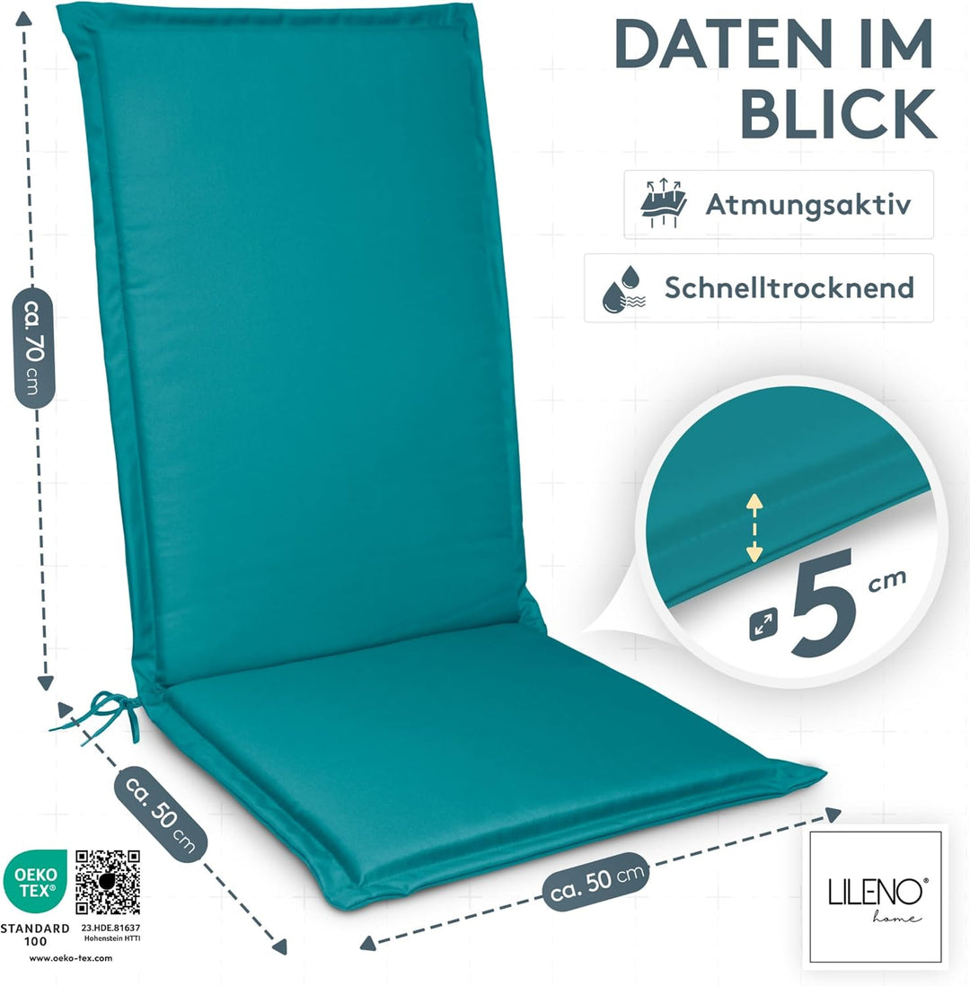 LILENO HOME Gartenstuhl Auflagen [2er Set - Hochlehner] in Petrol - Bequeme Liegen als Sitzauflagen