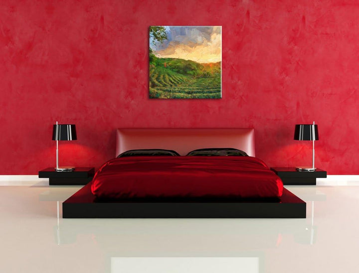 Pixxprint Teeplantage bei Sonnenuntergang Pinsel Effekt, Format: 70x70 auf Leinwand, 70x70