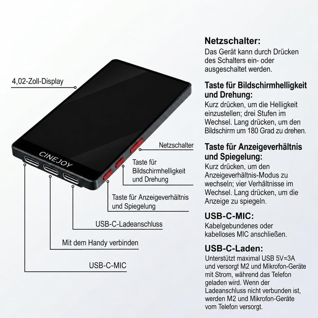 EACHSHOT CineJoy M2 Magnetisches Vlog Selfie Monitor 𝐦𝐢𝐭 𝐢𝐏𝐡𝐨𝐧𝐞 𝟏𝟓 𝟏𝟔 𝟏𝟕 𝐒𝐞𝐫𝐢𝐞𝐬, Bildschirm 4K 120fp