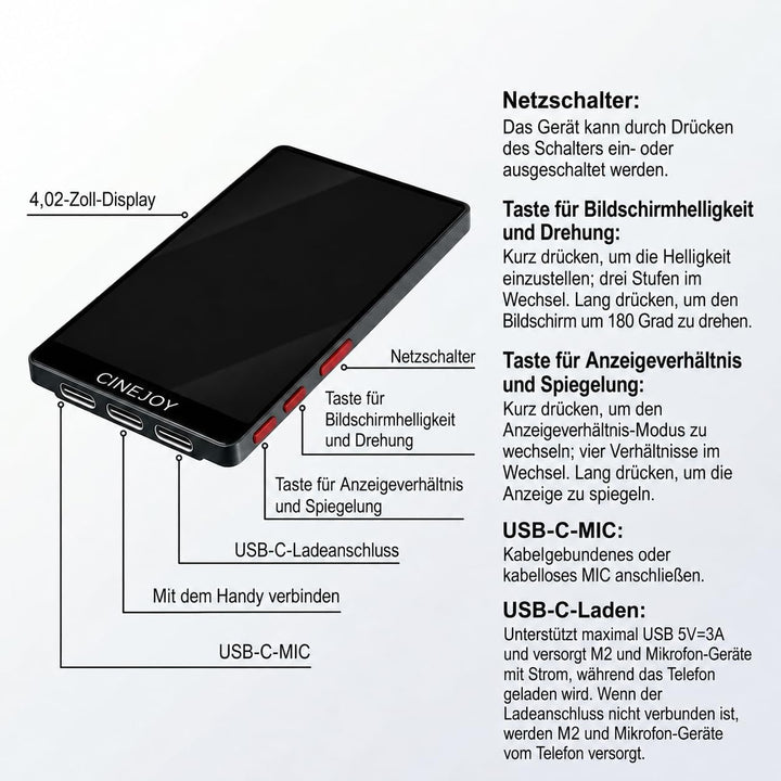 EACHSHOT CineJoy M2 Magnetisches Vlog Selfie Monitor 𝐦𝐢𝐭 𝐢𝐏𝐡𝐨𝐧𝐞 𝟏𝟓 𝟏𝟔 𝟏𝟕 𝐒𝐞𝐫𝐢𝐞𝐬, Bildschirm 4K 120fp