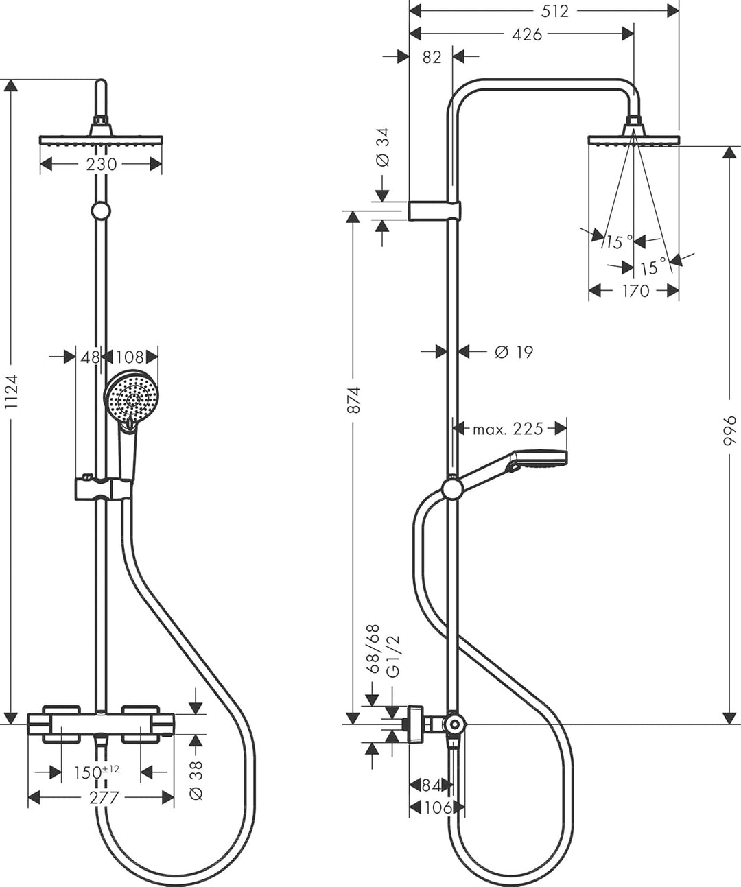 hansgrohe Vernis Shape - Duschsystem mit Thermostat, Regendusche (230 x 170 mm) mit Armatur, Handbra