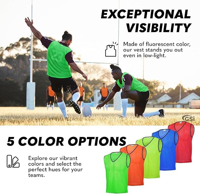 GSI Sports Pinnies – Packs of 6 or 12 – Free Size – Mesh Training Vests for Soccer, Basketball –7 Co