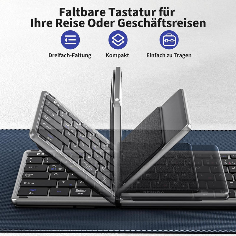 seenda Faltbare Bluetooth Tastatur mit Nummernblock und Handyhalterung, Aufladbare Kabellose Klappba