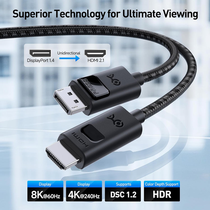 Cable Matters HDMI Displayport Kabel 1.4 mit 4K 120Hz oder 8K - 1,8m, unidirektionalem Displayport a
