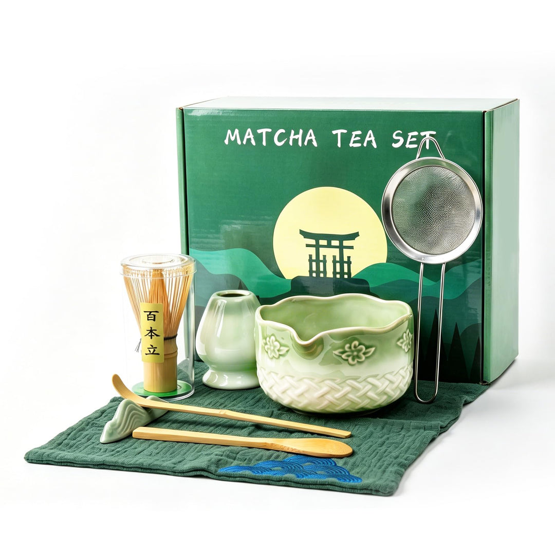 Matcha Set Komplett mit Schale, Bambusbesen, Sieb & Zubehör – Japanisches Matcha Geschenkset für Ein