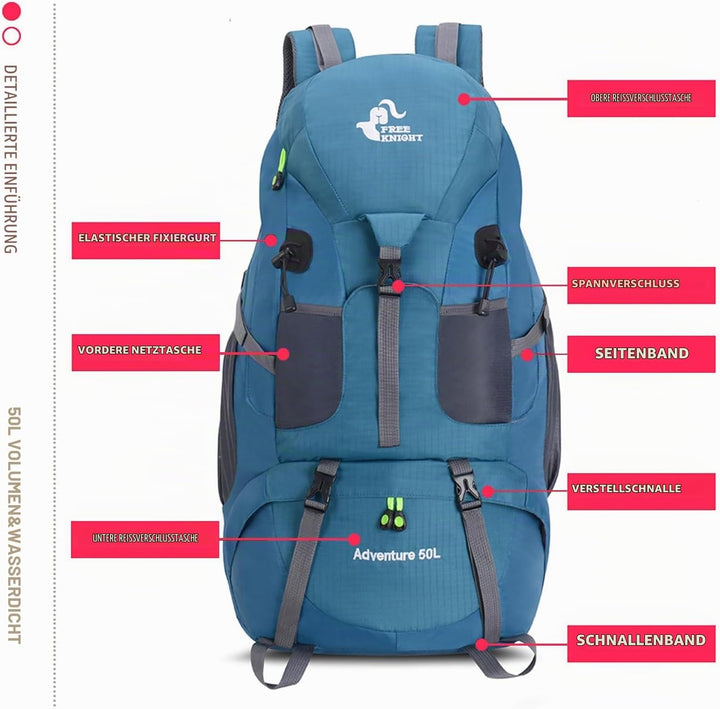 Bseash 50L Leichter wasserfester Wanderrucksack, Outdoor Sport Tagesrucksack Multifunktions Reisetas