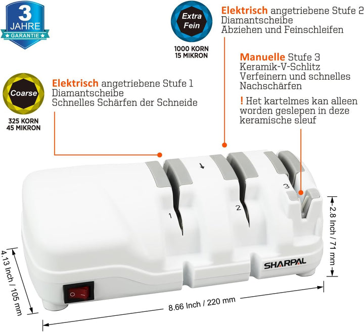 SHARPAL 198H Elektrischer Küchenmesser Schärfer, 3-Stufen schärfsystem mit Diamanträdern (325/1000 K