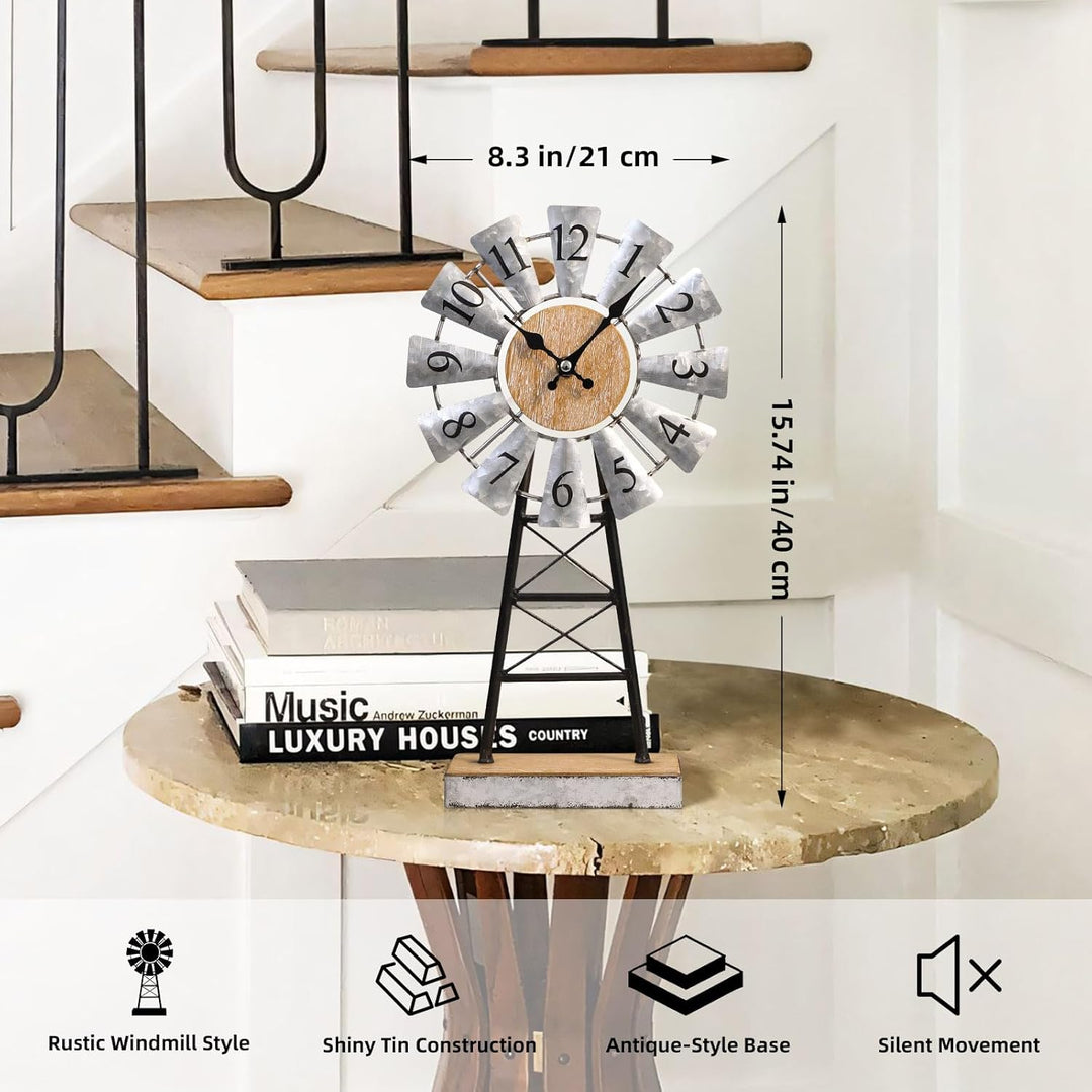 MODE HOME Verzinkte Windmühlen-Tischuhr auf Ständer, Vintage-Schreibtisch- und Regaluhr, dekorative