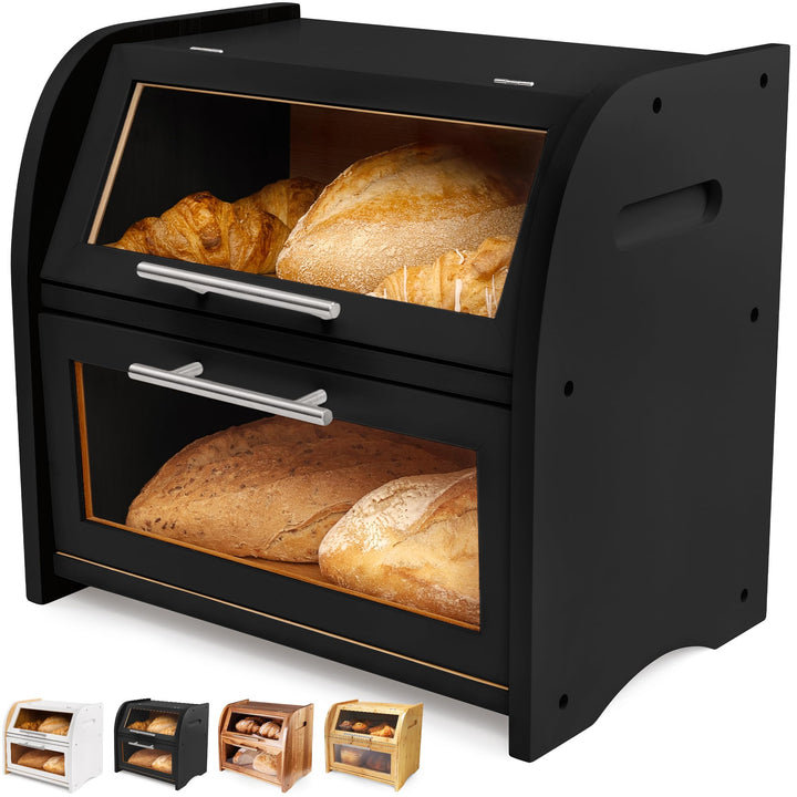Arise Bambus Brotkasten mit Belüftung, Grosser Brotaufbewahrungsbehälter, 2 Regale und Sichtfenster,