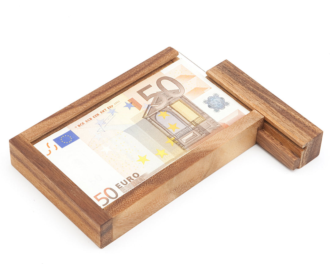 Casa Vivente Magische Geldgeschenkbox, Knobelspiel aus Holz, Geschenkverpackung mit Trickverschluss,