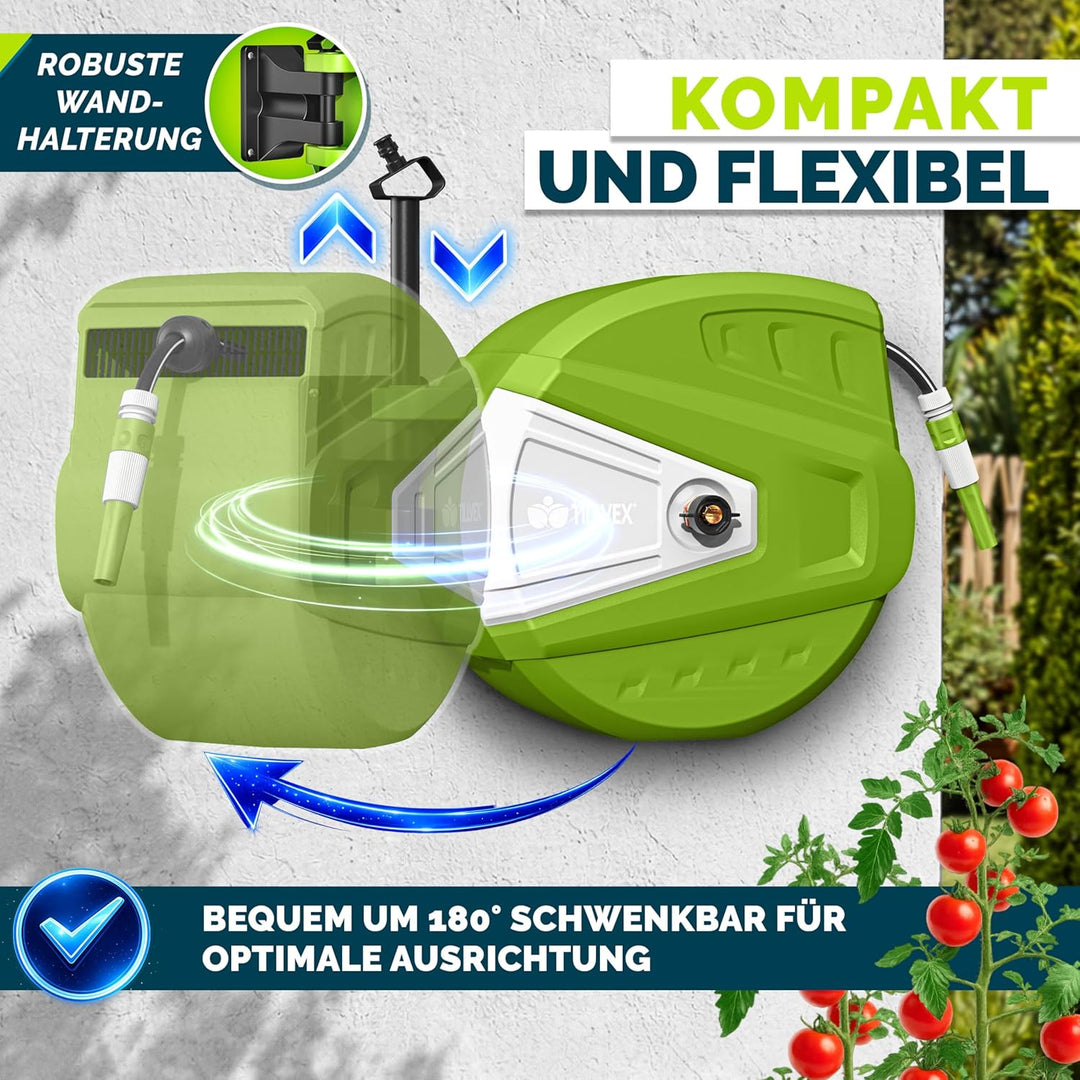 tillvex Schlauchtrommel Wasser mit Wandhalterung + Tragegriff | Schlauchaufroller mit Handbrause und