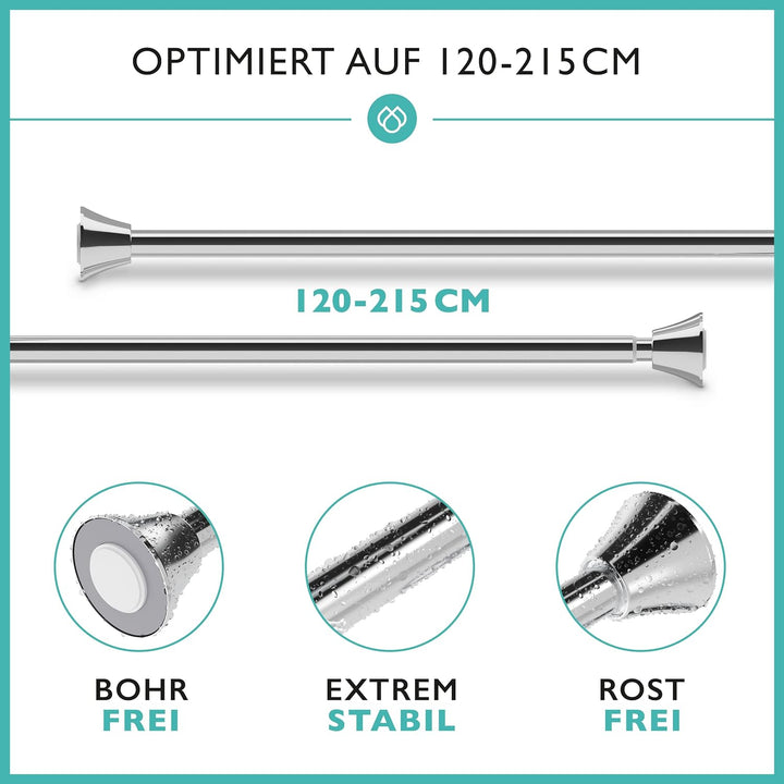 Duschvorhangstange ohne Bohren inkl. 12 Ringe (TESTSIEGER*) - Stabile 120-215cm Teleskop Duschstange