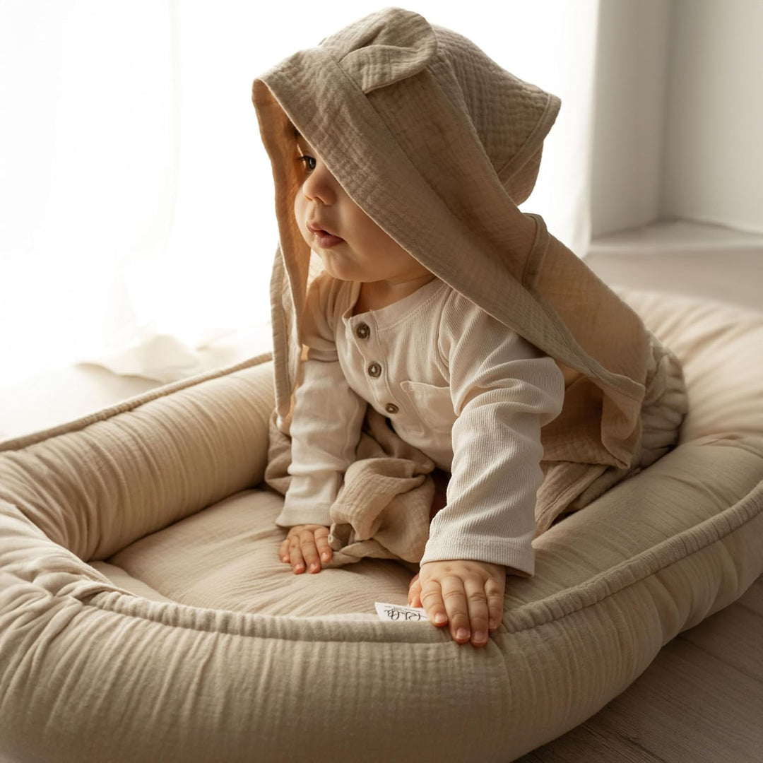PaLulli Babynest aus 100% Musselin Baumwolle Premium Kuschelnest Babynestchen 100x60cm Klettverschlu