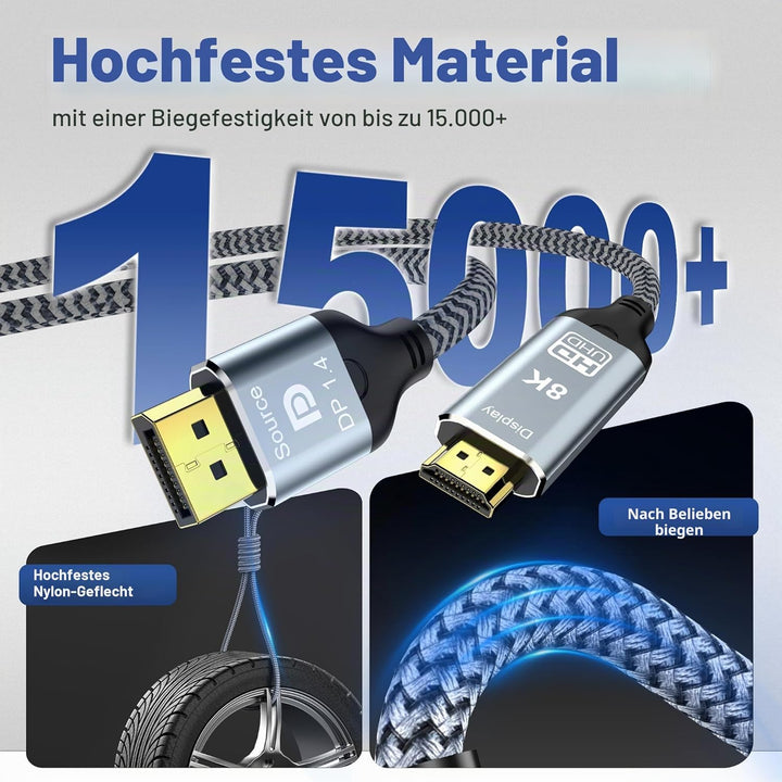DisplayPort auf HDMI 8K Kabel, 8K @ 60Hz 4K @ 120Hz unidirektional DP1.4 (Quelle) auf HDMI 2.1 (Disp