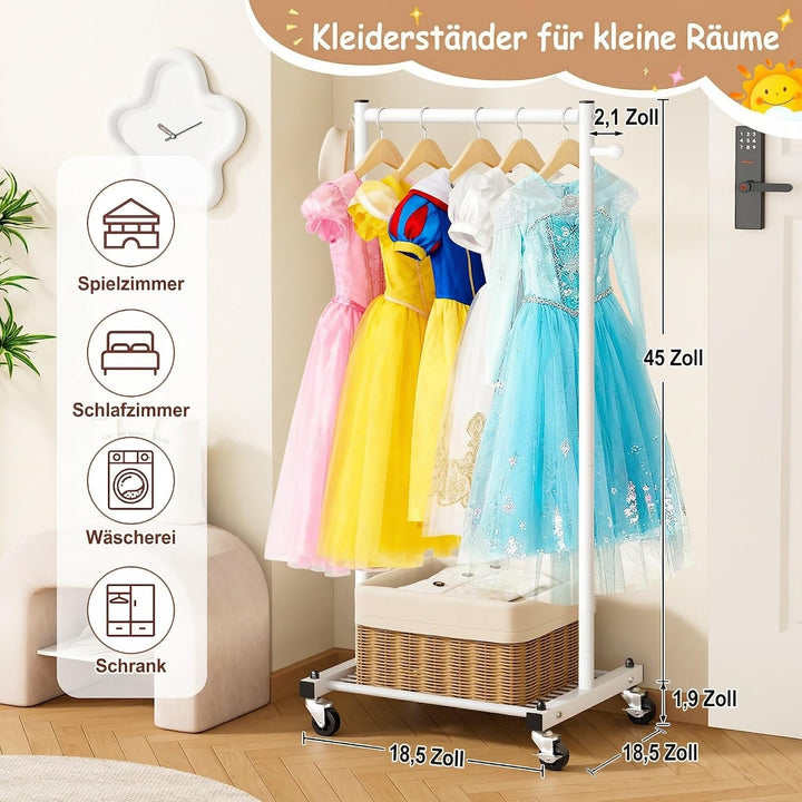 MISSLO Kinder Kleiderständer auf Rollen, 114cm Stabil Klein Kleiderstange mit Ablage, Metall Schmal
