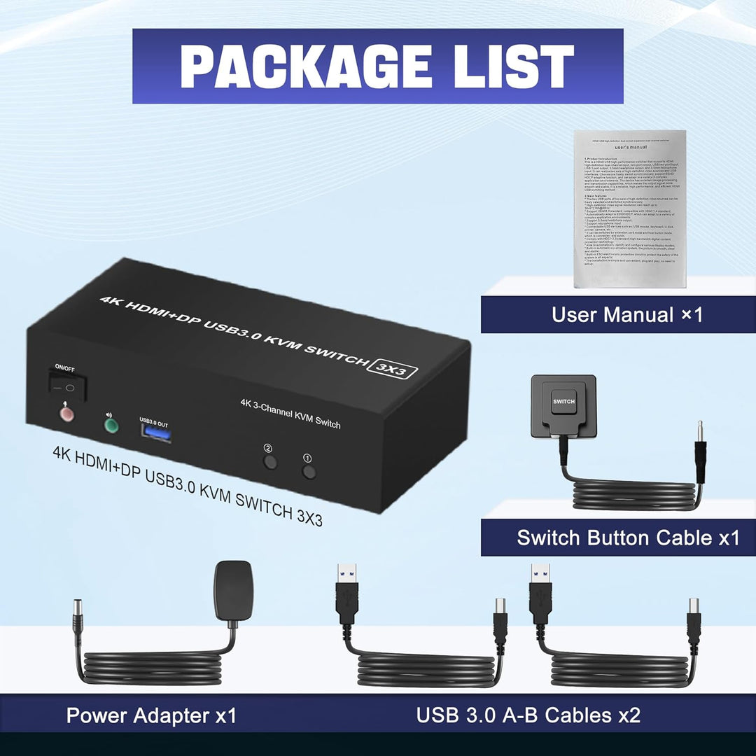 USB 3.0 HDMI + 2 DisplayPort KVM Switch 3 Monitore 2 Computer, 4K@60Hz Triple Monitor KVM Switch 2PC