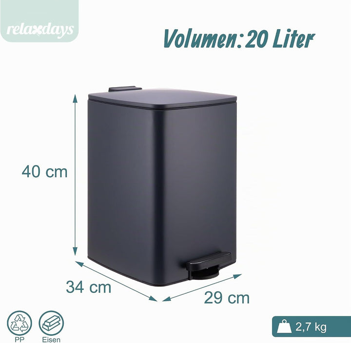 Relaxdays Mülleimer Küche, 20 l, Absenkautomatik, entnehmbarer Inneneimer, Mattes Metall, eckiger Tr