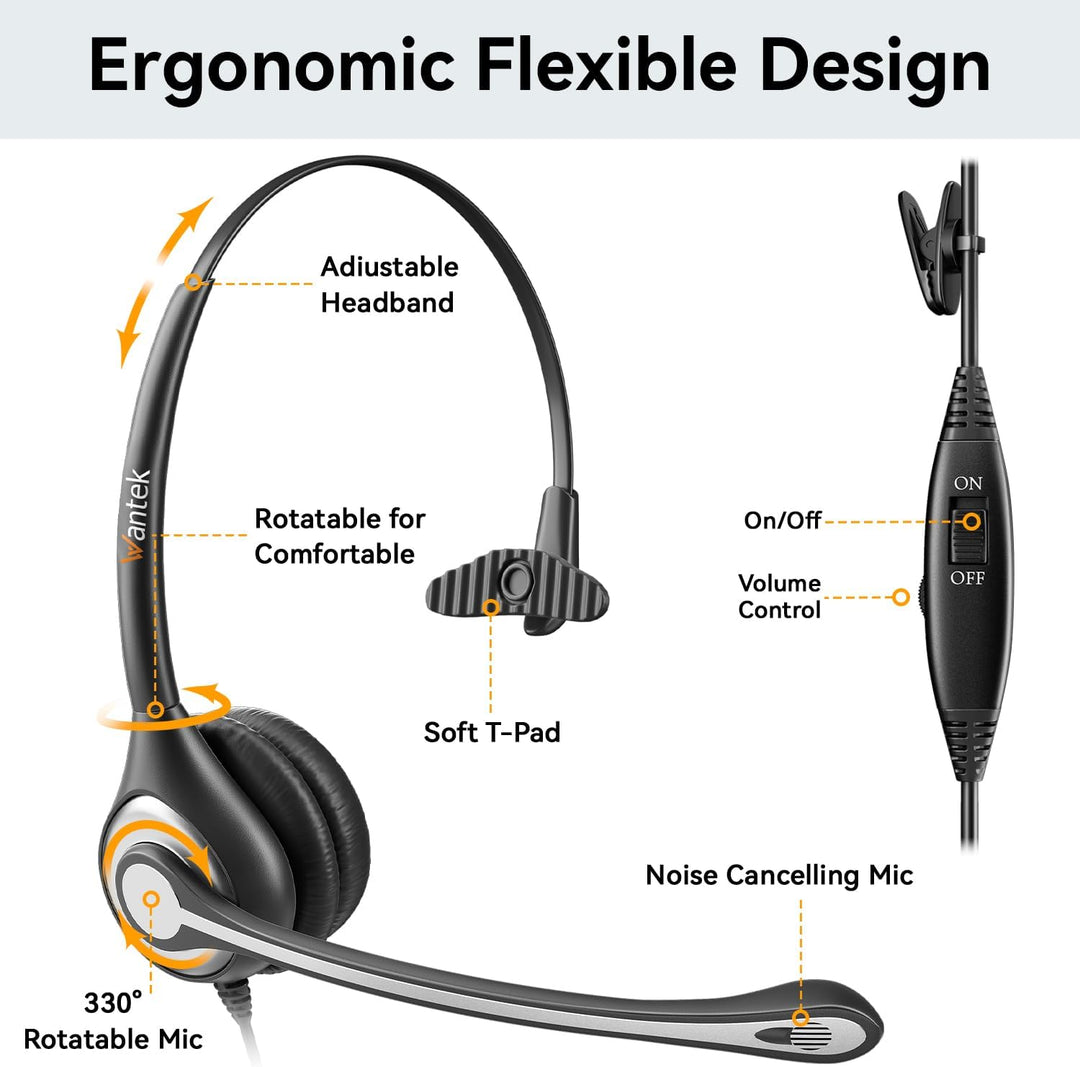 Wantek 2,5mm Klinke Headset Telefon mit Mikrofon Noise Cancelling & Lautstärkeregler, Schnurlos Fest