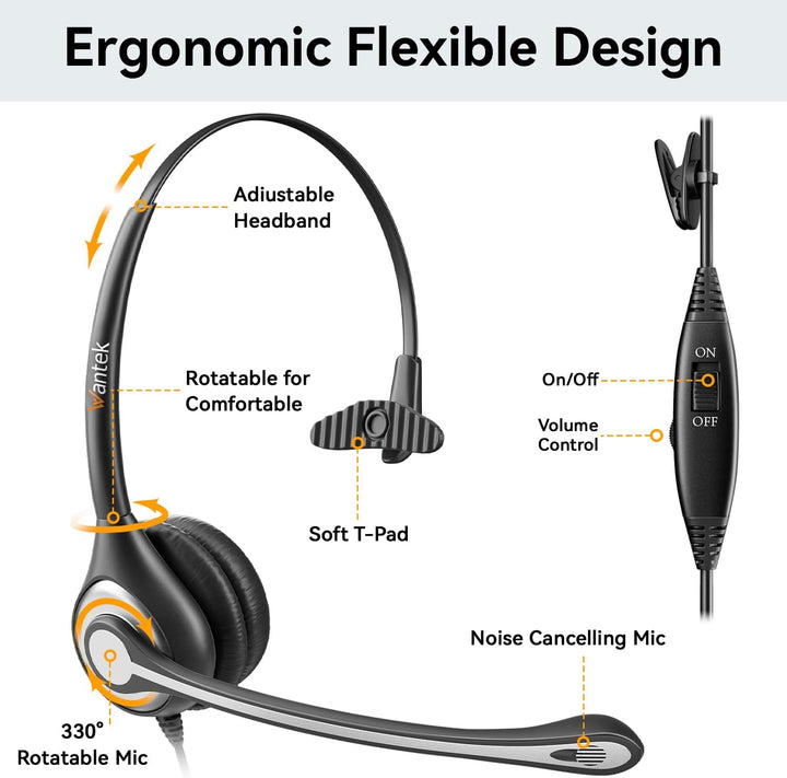 Wantek 2,5mm Klinke Headset Telefon mit Mikrofon Noise Cancelling & Lautstärkeregler, Schnurlos Fest