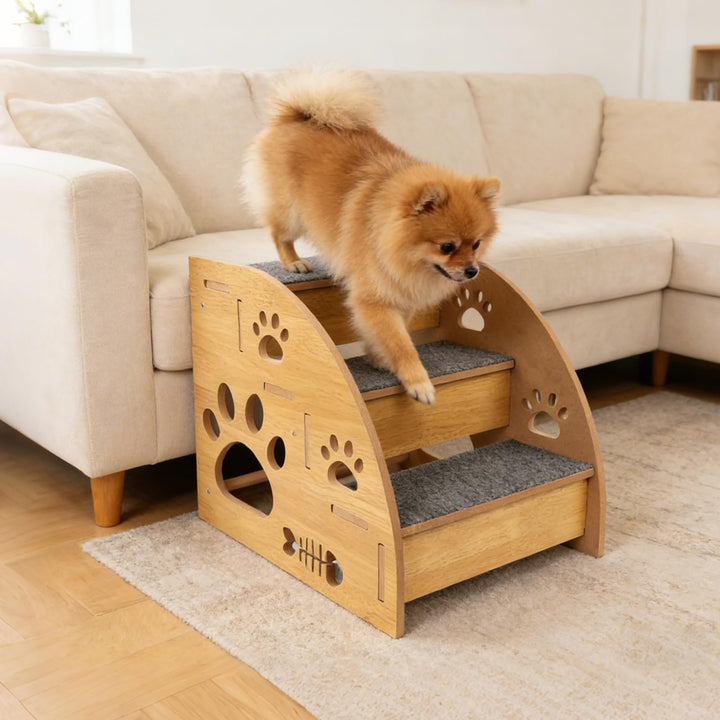 Hundetreppe für Kleine Hunde, Holz Haustiertreppe 3 Stufen Hunderampe für Bett Sofa Balkon, Stabi Ru