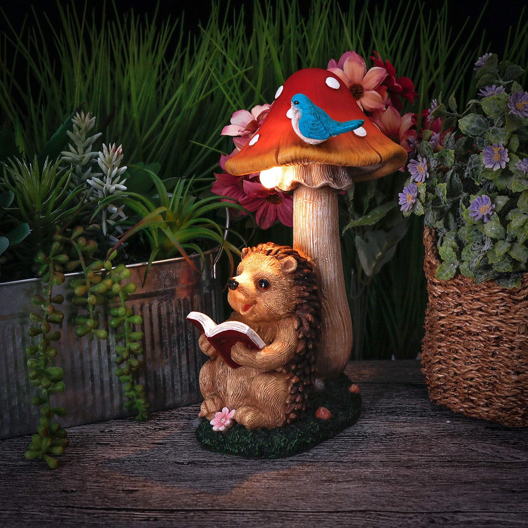 TERESA'S COLLECTIONS Gartendeko für Draussen Igel Gartenfigur mit Pilz Feengarten Figur Solar Garten