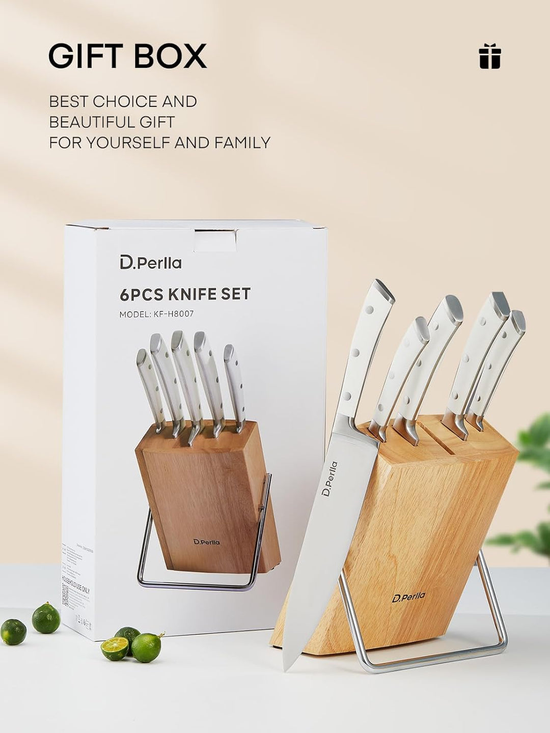 D.Perlla Messerblock Set 6 teilig Messerset mit Holzblock Küchenmesser Set mit Scharfe Klingen, Edel