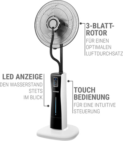 VASNER Ventilator mit Wasserkühlung Cooly leiser Standventilator mit Fernbedienung Timer & Sprühnebe