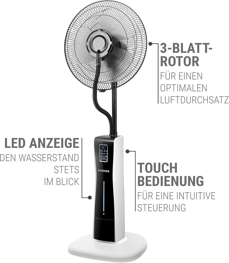 VASNER Ventilator mit Wasserkühlung Cooly leiser Standventilator mit Fernbedienung Timer & Sprühnebe