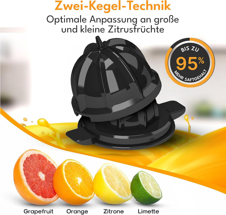 LEBENLANG Saftpresse Elektrisch 80W - Inkl. 2 Kegel &amp; BPA-Frei I Hohe Ergiebigkeit I Zitronenpresse