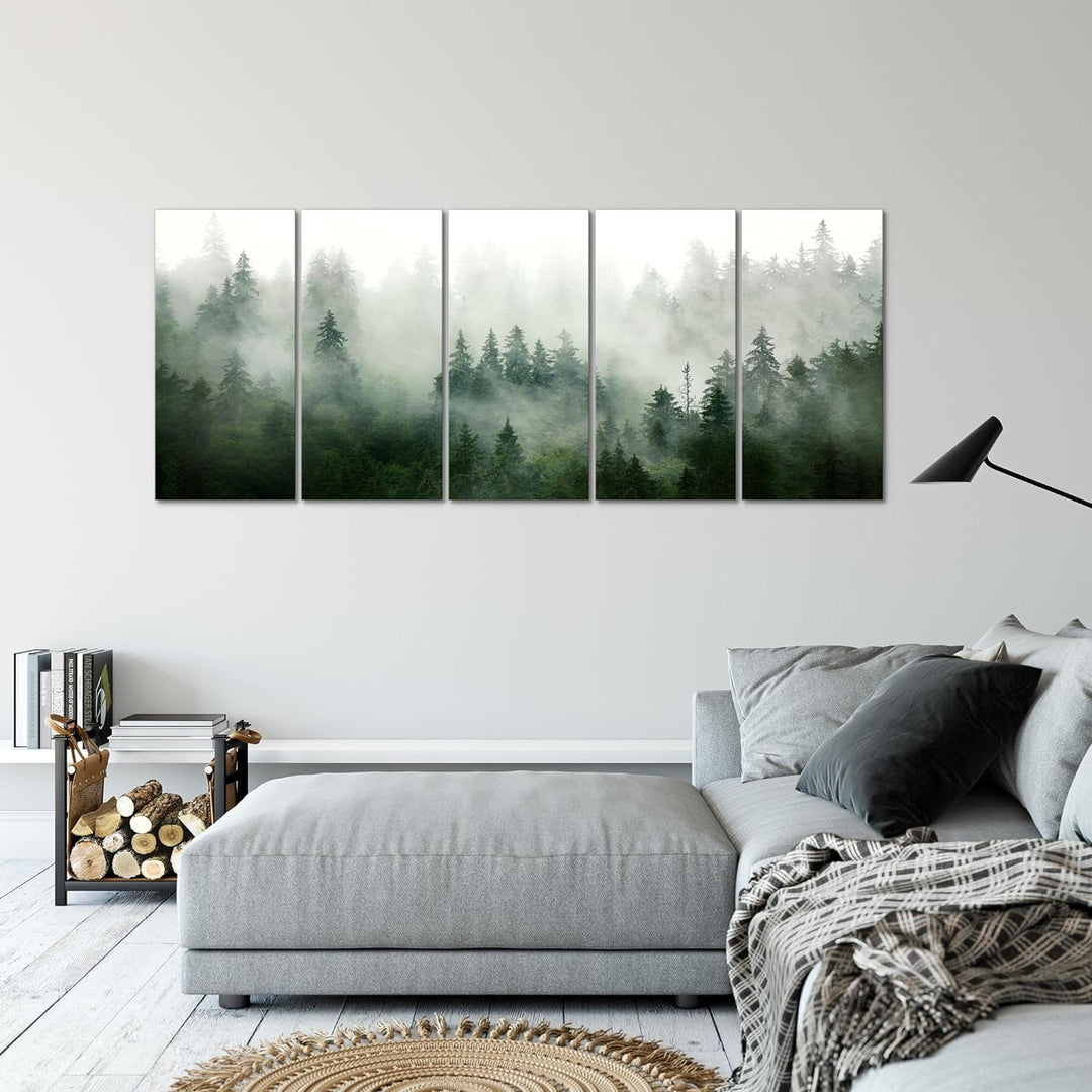 Runa Art Wandbild XXL Wald Natur Wohnzimmer Schlafzimmer 200 x 80 cm Grün Grau 5 Teilig - Made in Ge