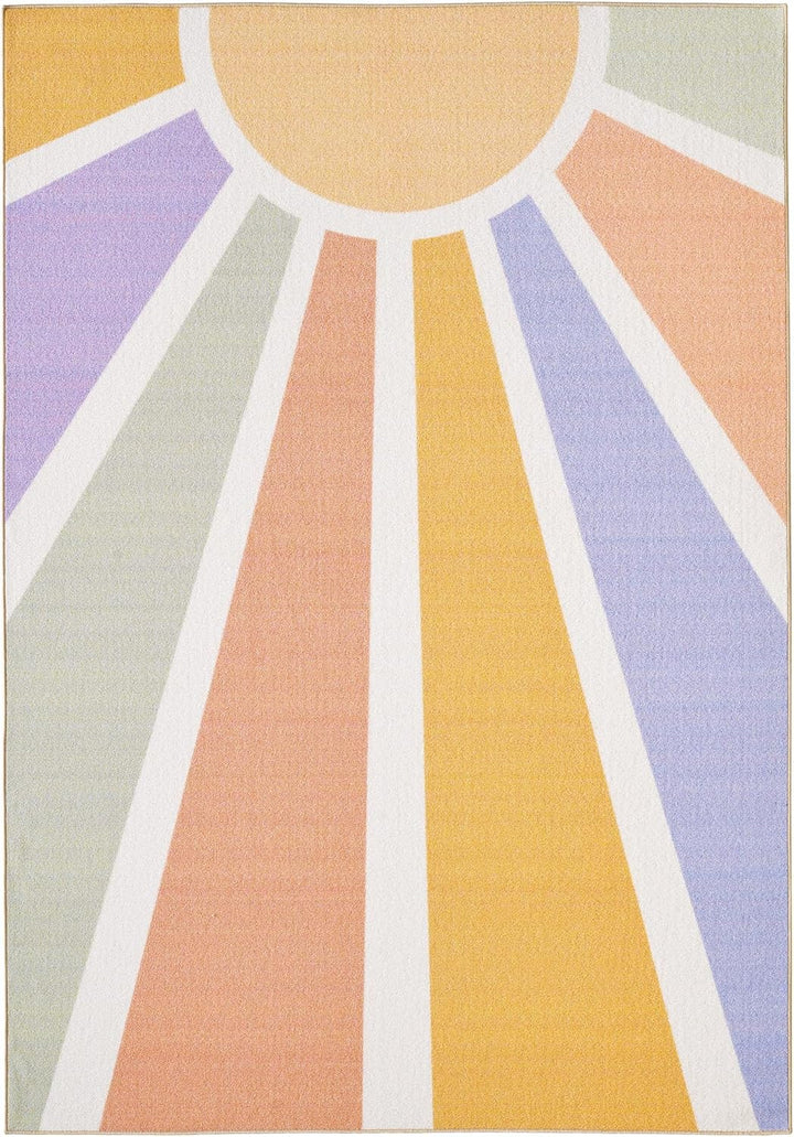 HomebyHome Kurzflor Kinderteppich für Jungen und Mädchen 100 x 150 cm Multicolor Sonnen Design - Was