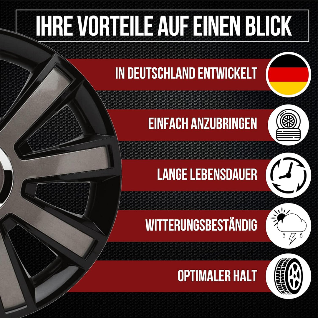 Albrecht 16 Zoll Radkappen schwarz/grau für Stahlfelgen - Flash Radzierblenden aus hochwertigem Kuns