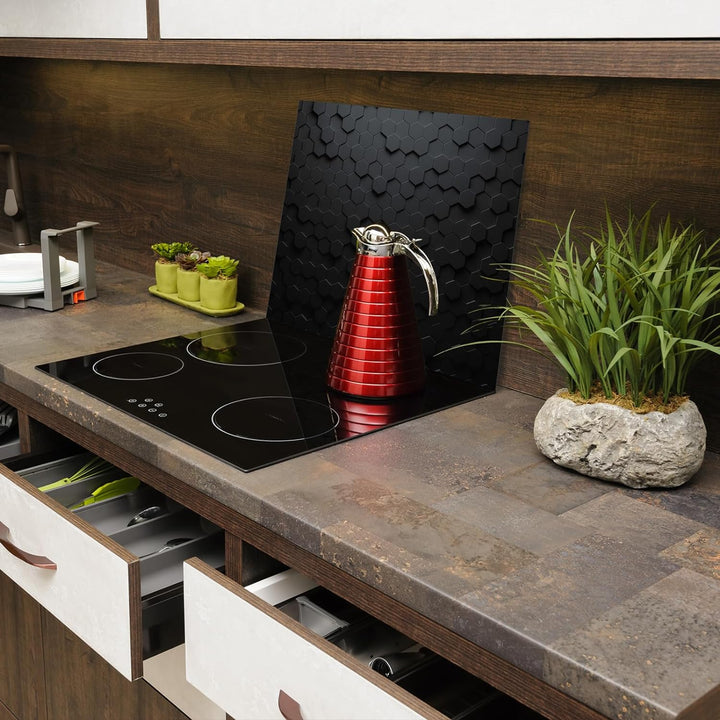 SmartDecoration Herdabdeckplatte Ceranfeldabdeckung aus Glas 60x52 cm Einteilig Motiv "Sechsecke" Sc