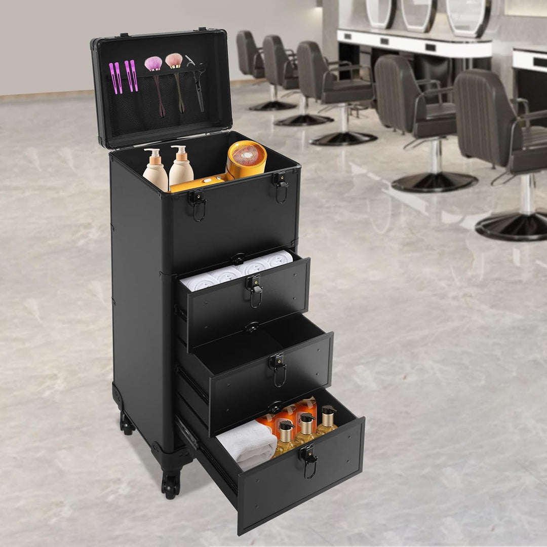 OUKANING Professioneller Schminkkoffer Trolley mit Schloss, 3 Schubladen und Teleskopgriff, Stossfes