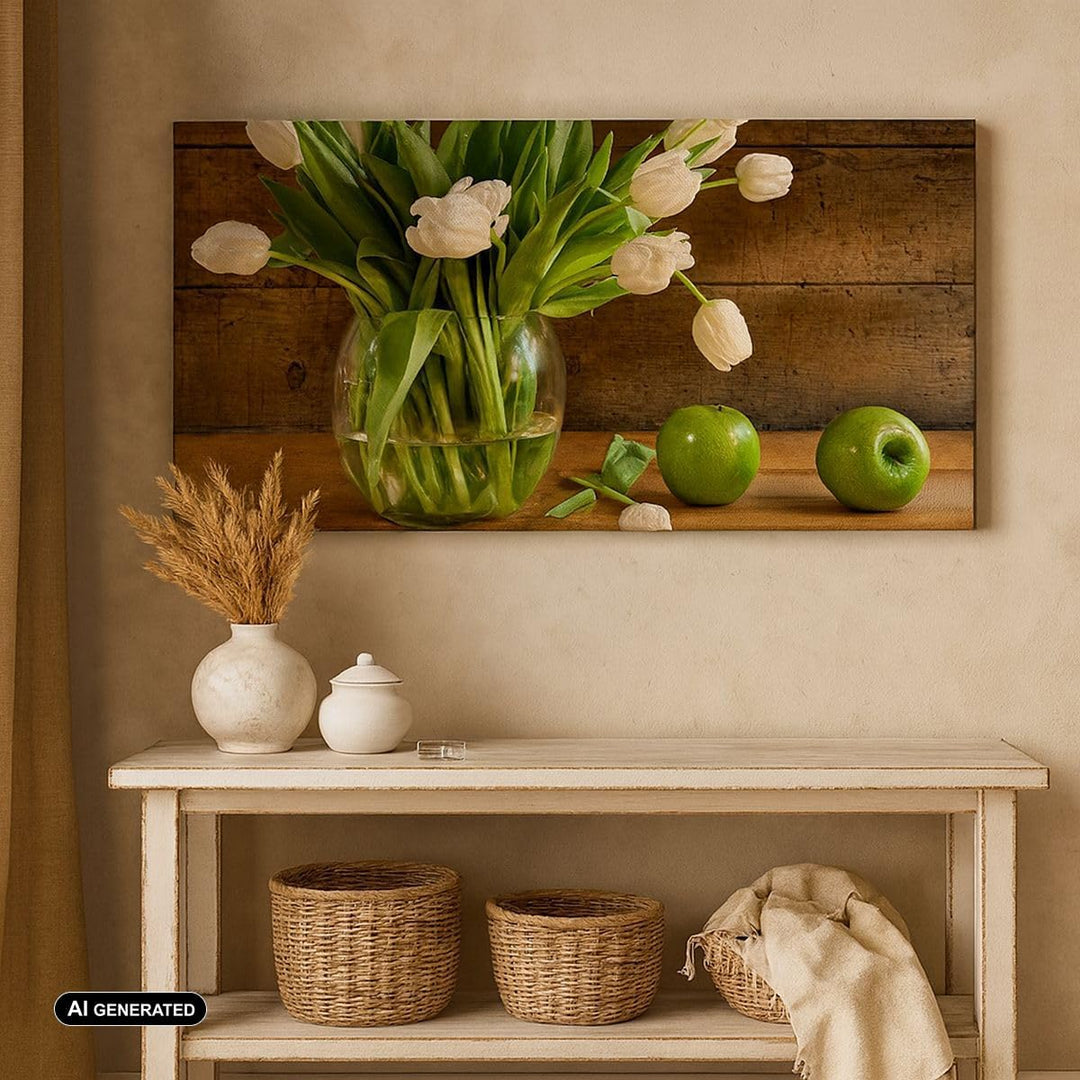 Wandbilder Dekoration Wohnzimmer Tulpen Apfel Blumenstrauss Frühling Bilder auf Leinwand 120x50cm Le