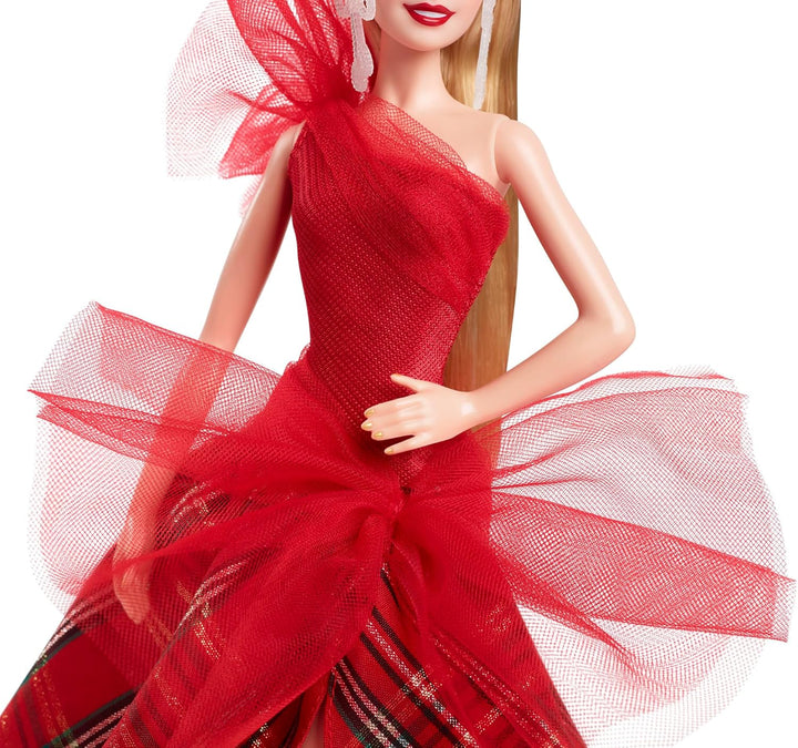 Barbie Signature Doll, 2024 Holiday Blonde Fashion Doll Wearing Gown with Plaid Skirt, Seasonal Coll