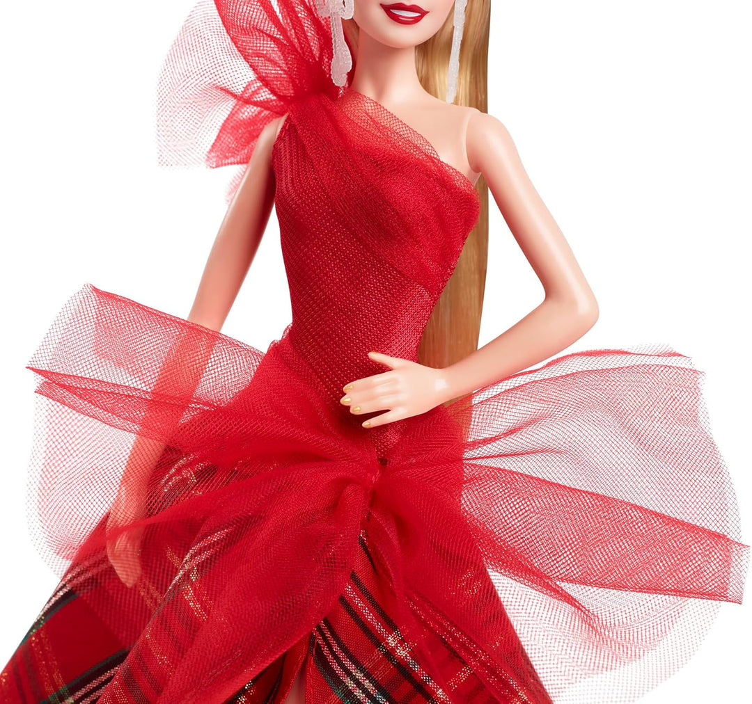 Barbie Signature Doll, 2024 Holiday Blonde Fashion Doll Wearing Gown with Plaid Skirt, Seasonal Coll